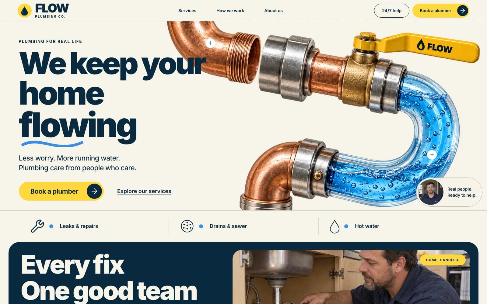 FLOW Plumbing Co. website with a copper pipe, a clear section showing flowing water, bold navy text, and yellow booking buttons