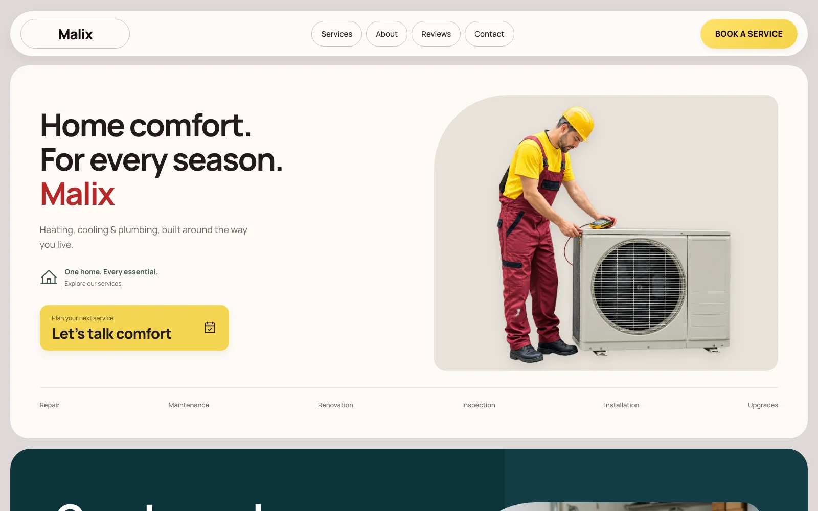 HVAC website concept with a technician, a warm cream layout and a yellow service button