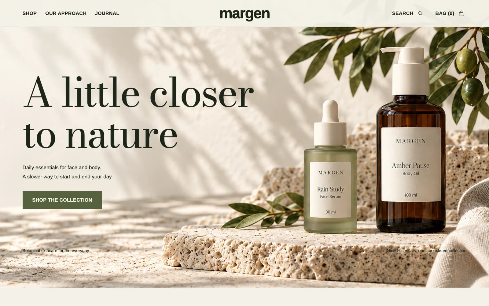 MARGEN Botanical Atelier skincare store with olive and cream colors, large headings, and product photos with plants