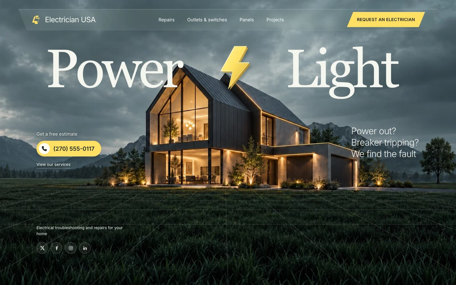 Electrician USA website with a warmly lit house at dusk, a Power and Light headline, and a yellow lightning-bolt switch